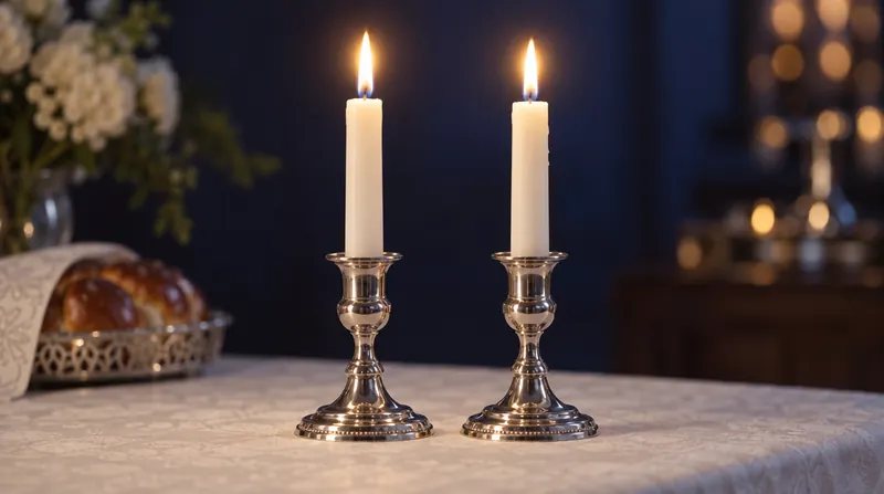 שני נרות שבת דולקים בפמוטי כסף על מפה לבנה